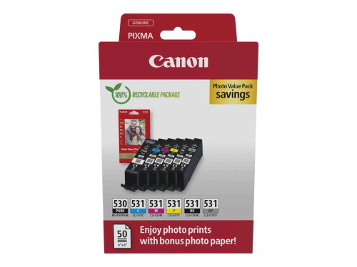 CANON PGI-530/CLI-531 PGBK/C/M/Y/BK/GY PHOTO VALUE PACK INCHIOSTRO + CARTA